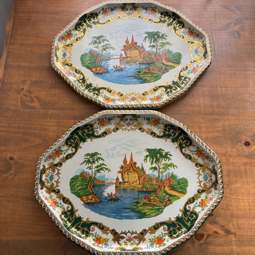 VTG Daher Metal Serving Trays-Pagoda River Scene Asian Inspired-17"x13"-Set of 2